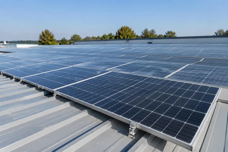 Rows of solar panels on the metal roof of a commercial unit