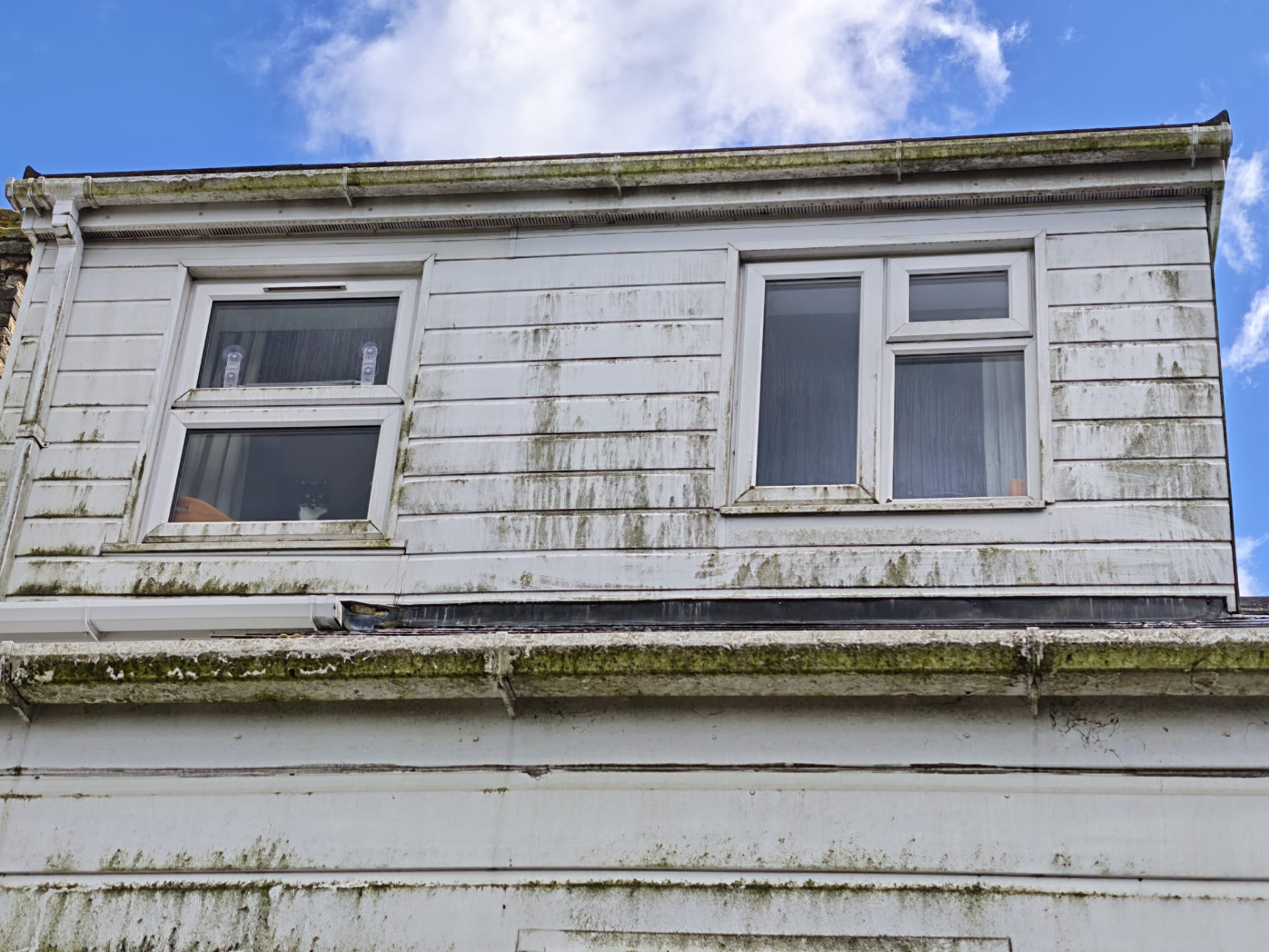 Weather-stained white cladding before cleaning by OOR External