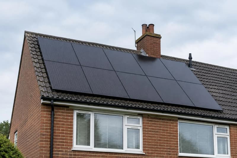 Black solar panels on the tiled roof of a brick house