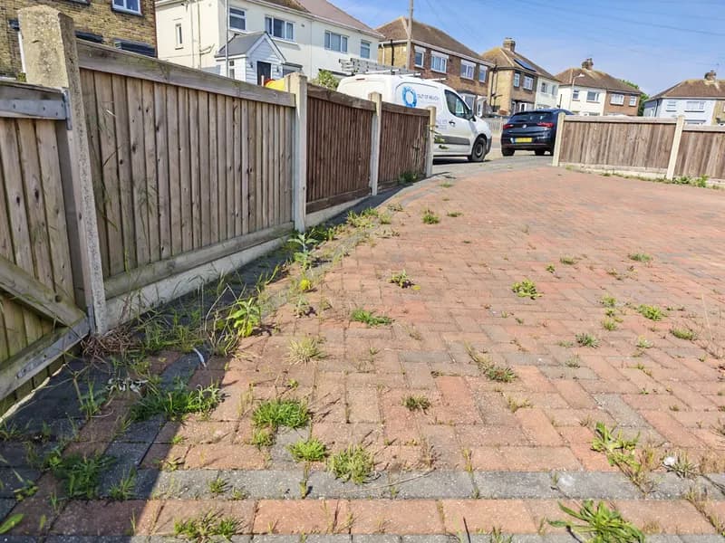 Block paved driveway with weeds before cleaning by OOR External