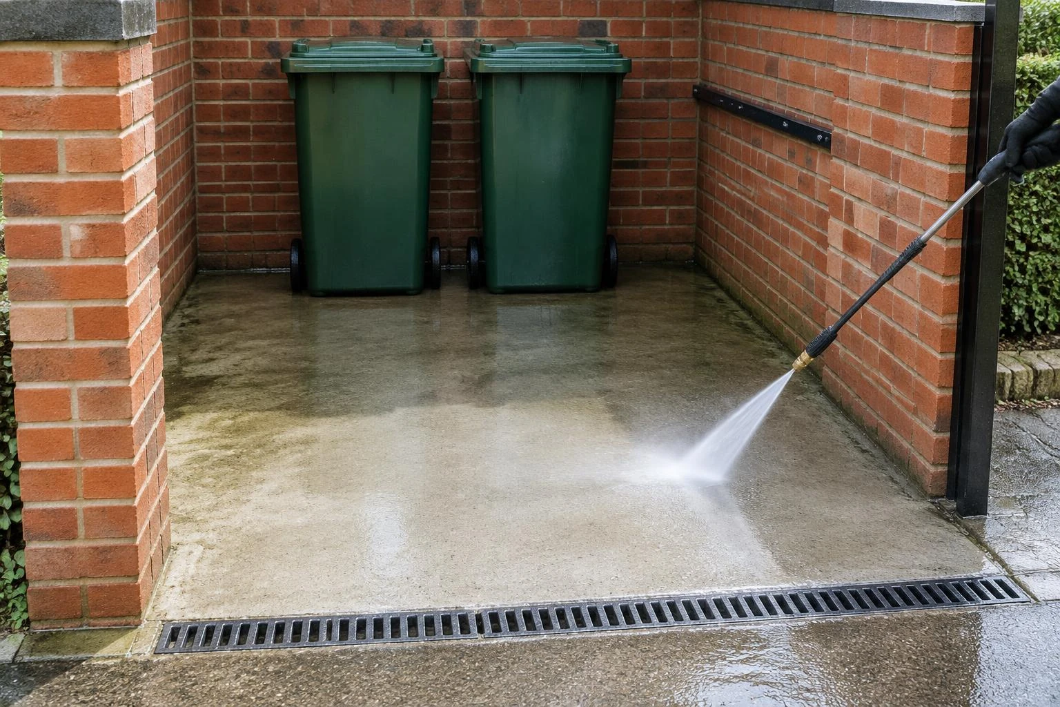 Pressure washing the concrete floor of a brick communal bin store