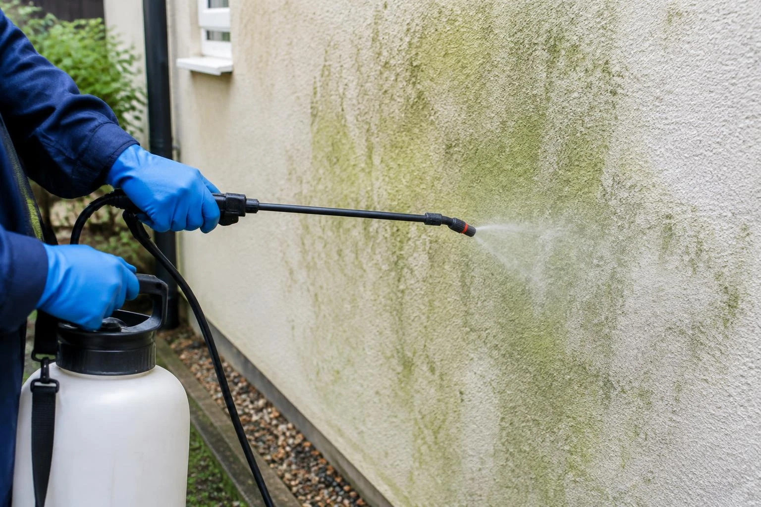 Low-pressure sprayer applying treatment to algae on a rendered wall