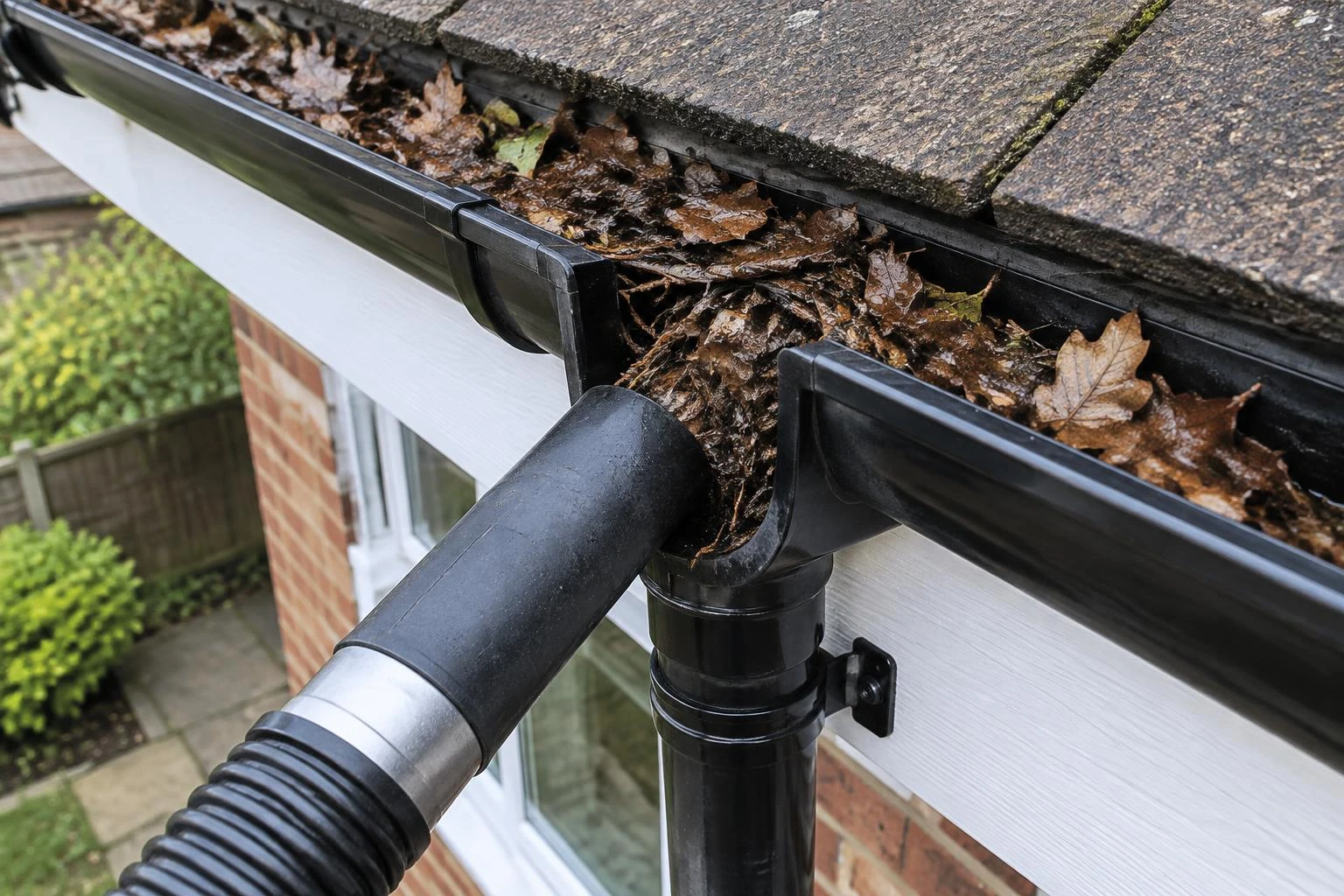 A gutter vacuum nozzle clearing leaves from a blocked downpipe outlet