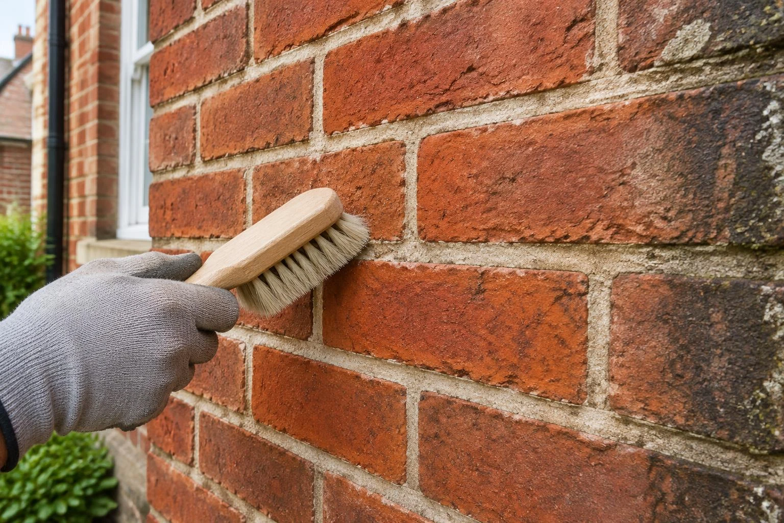 A soft brush cleaning red brick faces and mortar joints