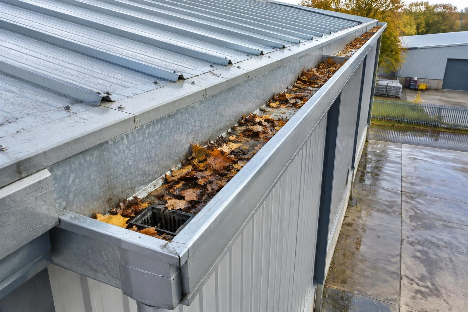 Wide galvanised box gutter with leaves and an outlet on a warehouse roof