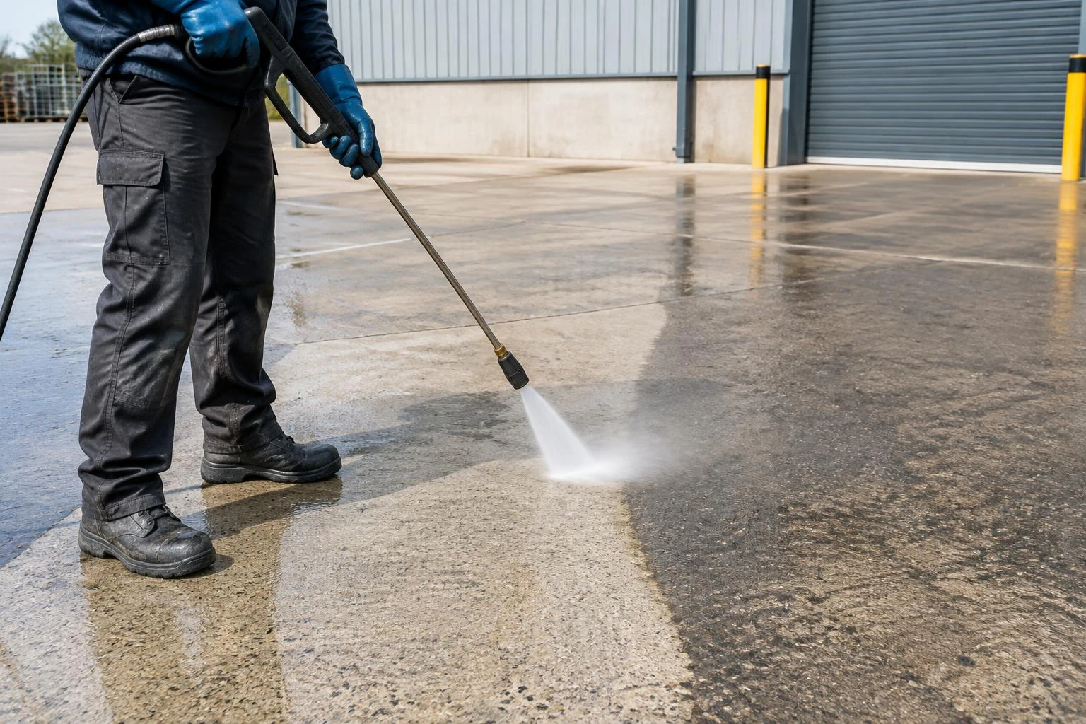 Pressure washing concrete hard standing outside a warehouse