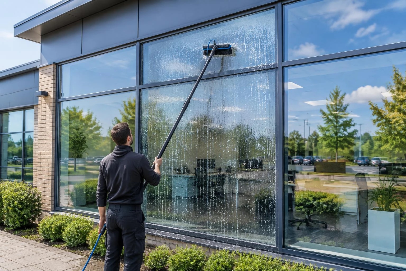 A water-fed brush washing large commercial office window panes