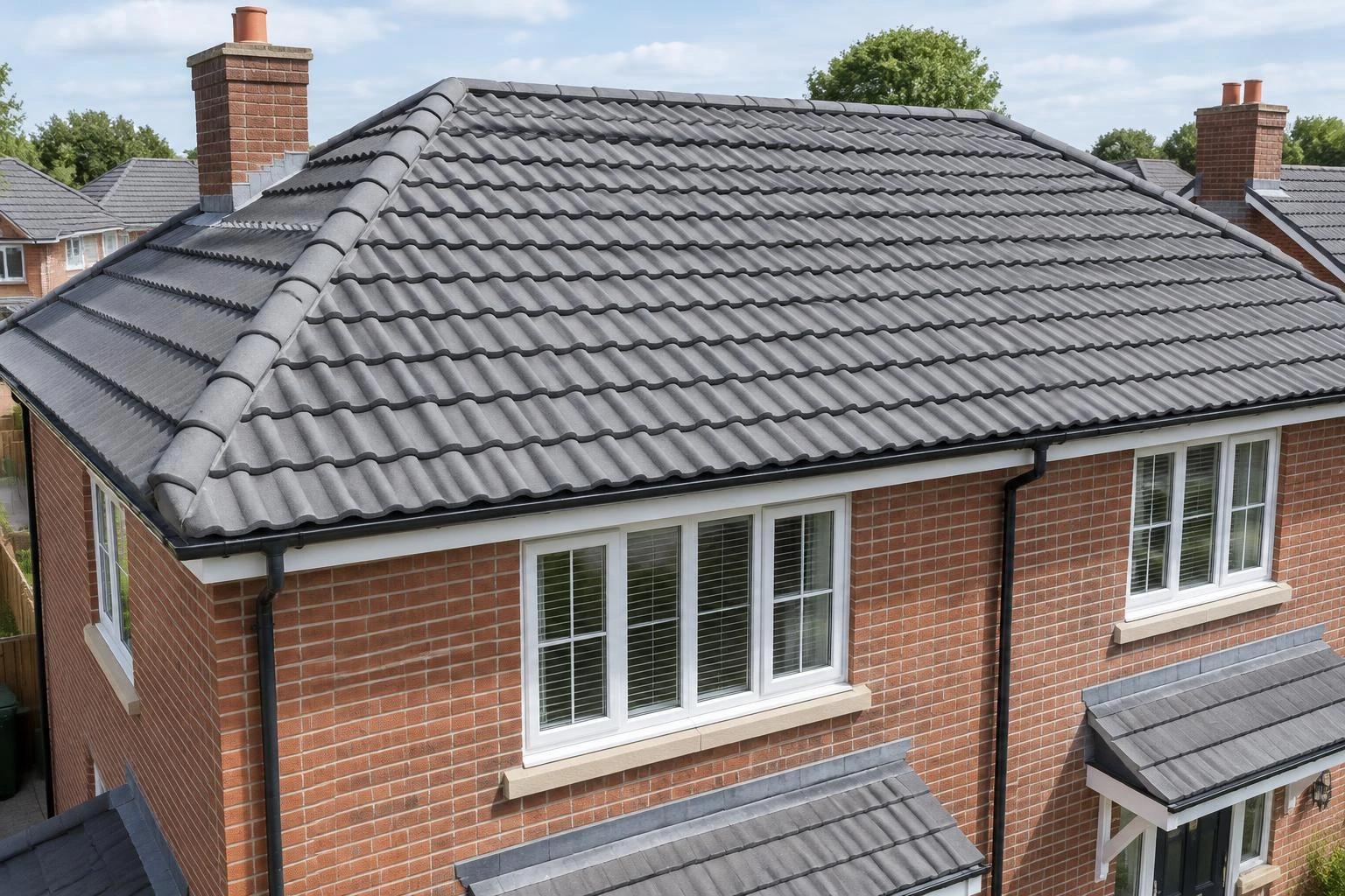 Grey interlocking profiled concrete roof tiles on a UK brick house