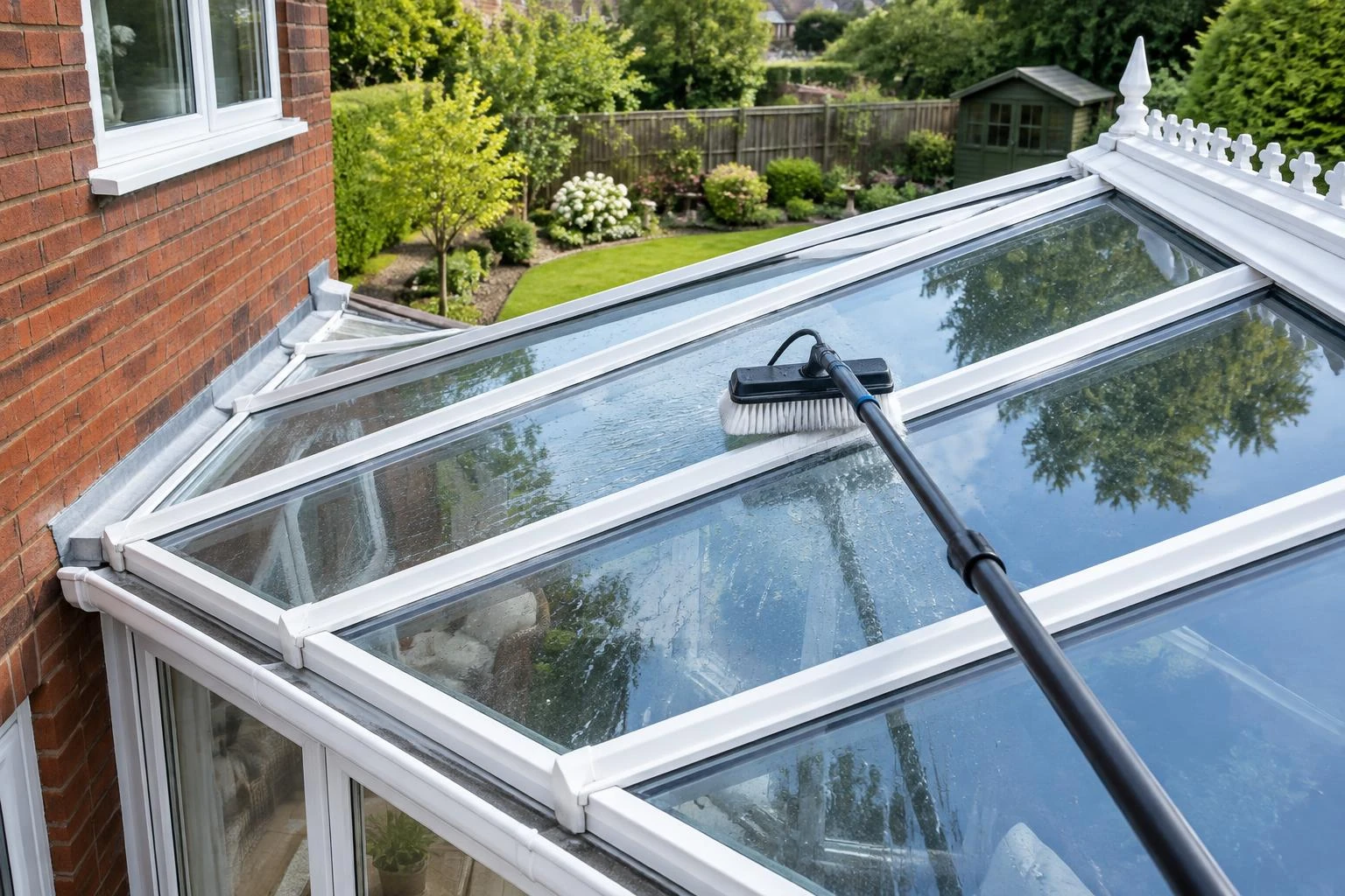 A soft pole brush washing glass conservatory roof panels and glazing bars