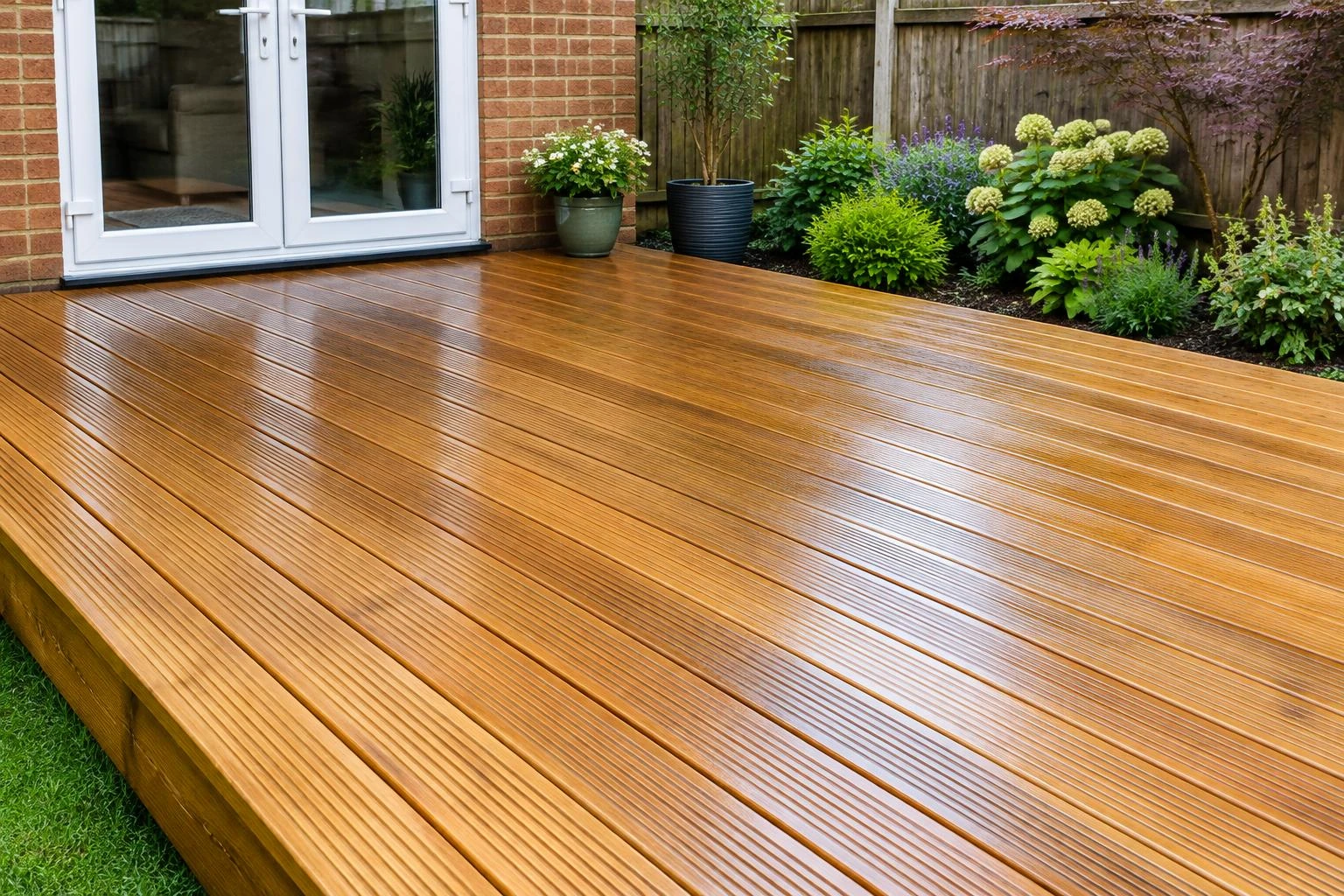 Grooved timber garden decking beside a British brick house