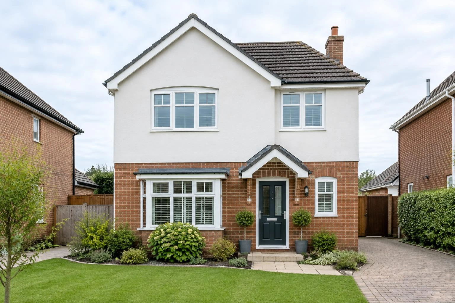British detached house with rendered walls, brickwork and white roofline