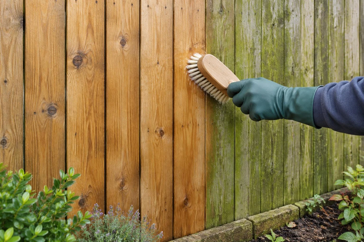 A brush washing algae from a timber closeboard garden fence