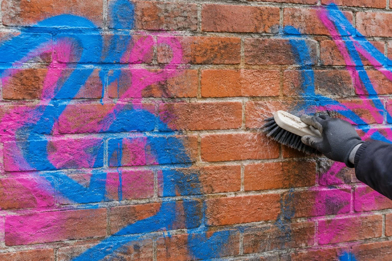 A brush removing abstract coloured spray paint from a red brick wall