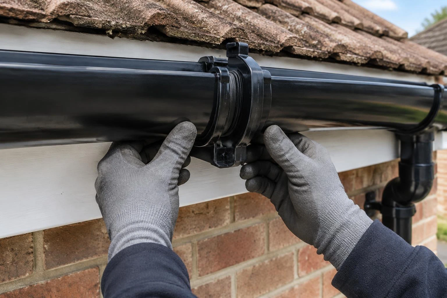 Gloved hands adjusting a black rain gutter union beside white fascia