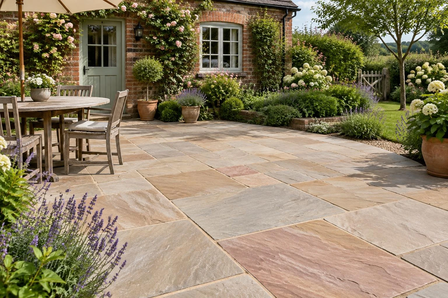 Riven buff and grey Indian sandstone slabs in a British garden patio
