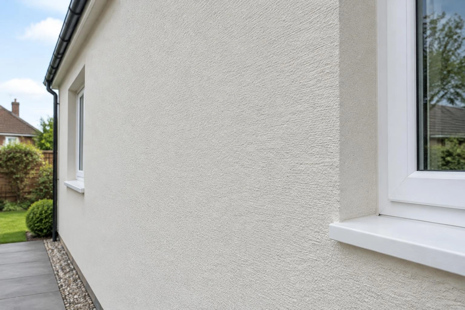 Fine scraped through-coloured render on a contemporary house wall