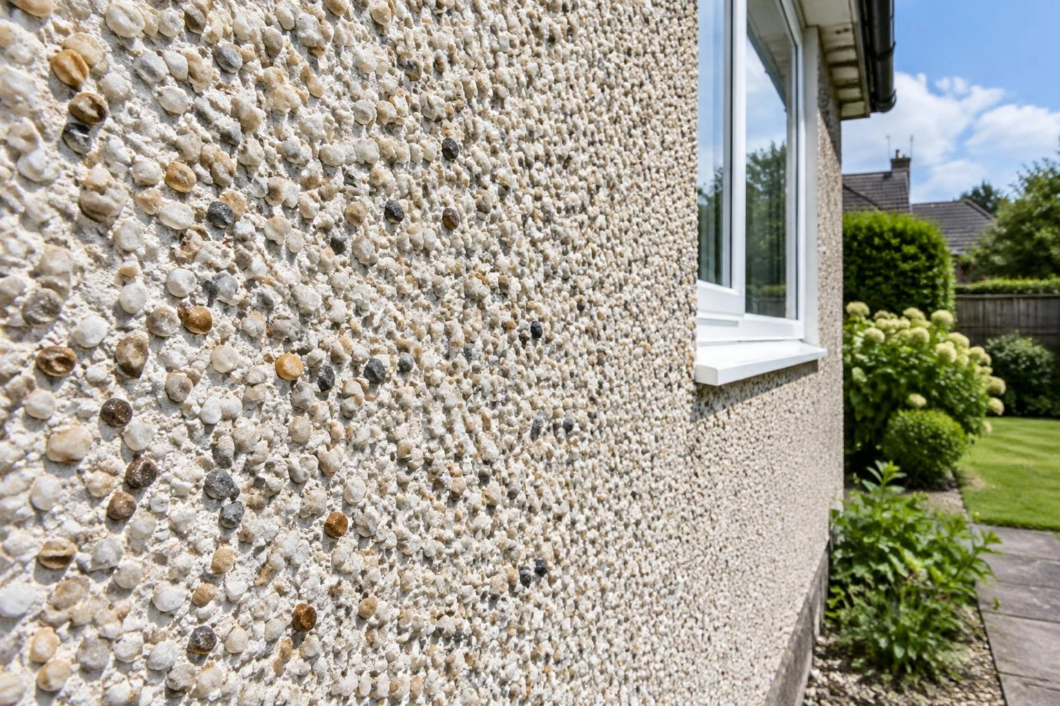 Coarse exposed stone pebbledash on a British house exterior wall