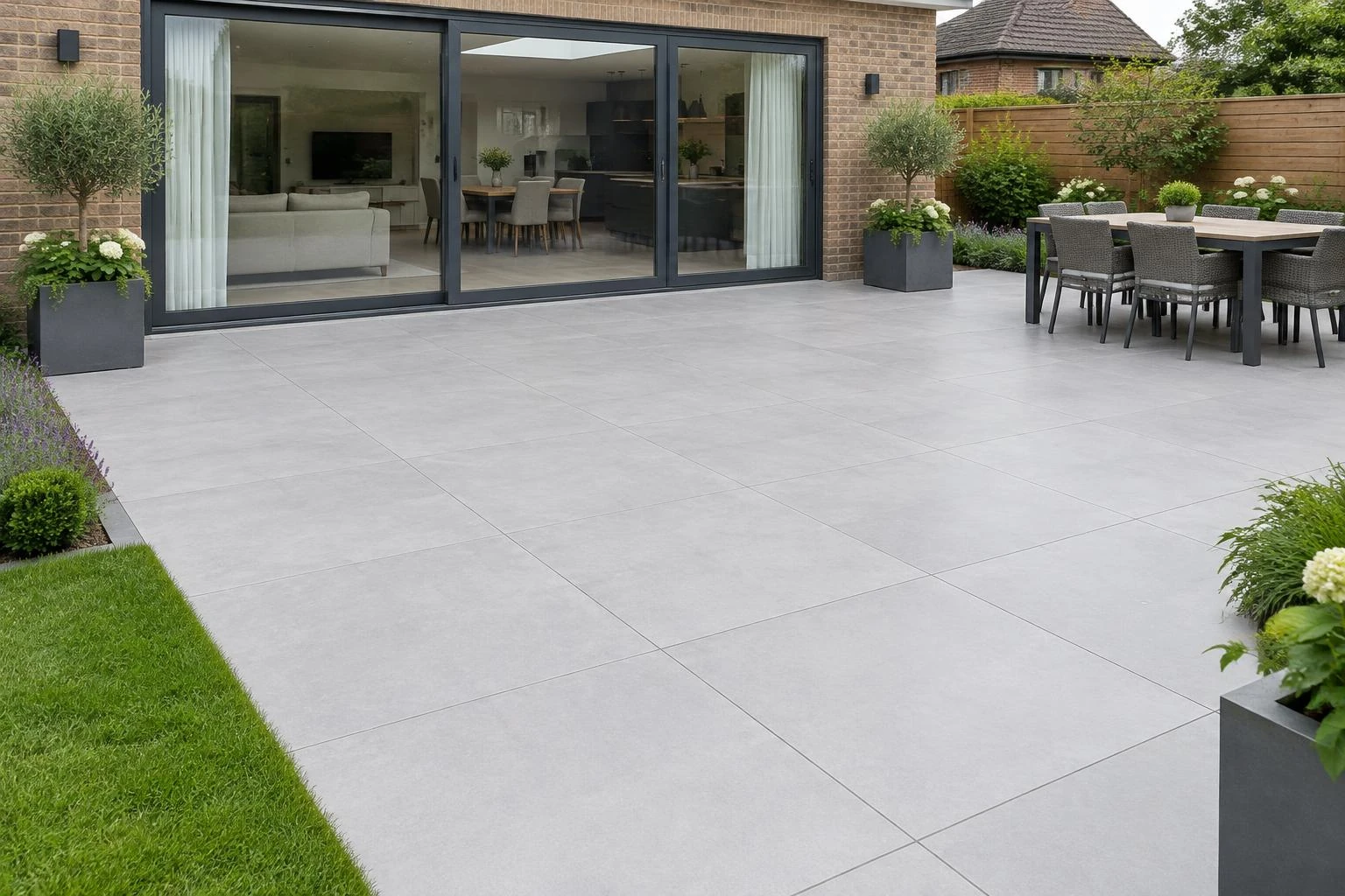 Smooth large grey porcelain patio tiles with narrow straight joints