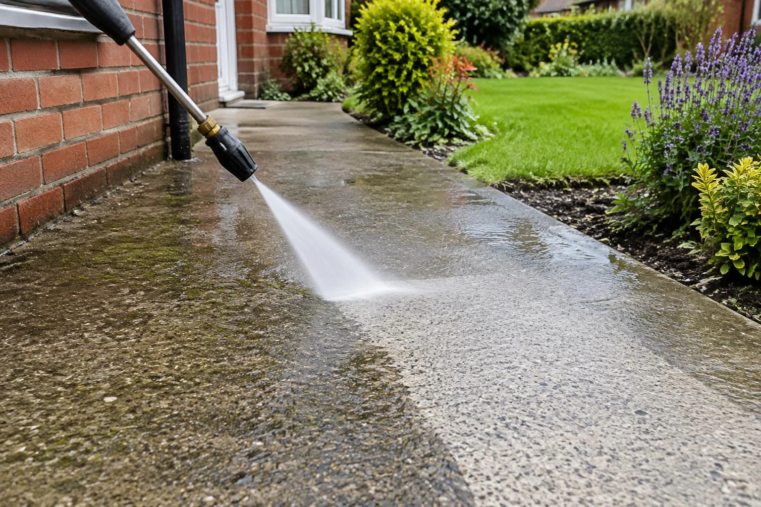 A pressure washer cleaning a grey concrete garden path