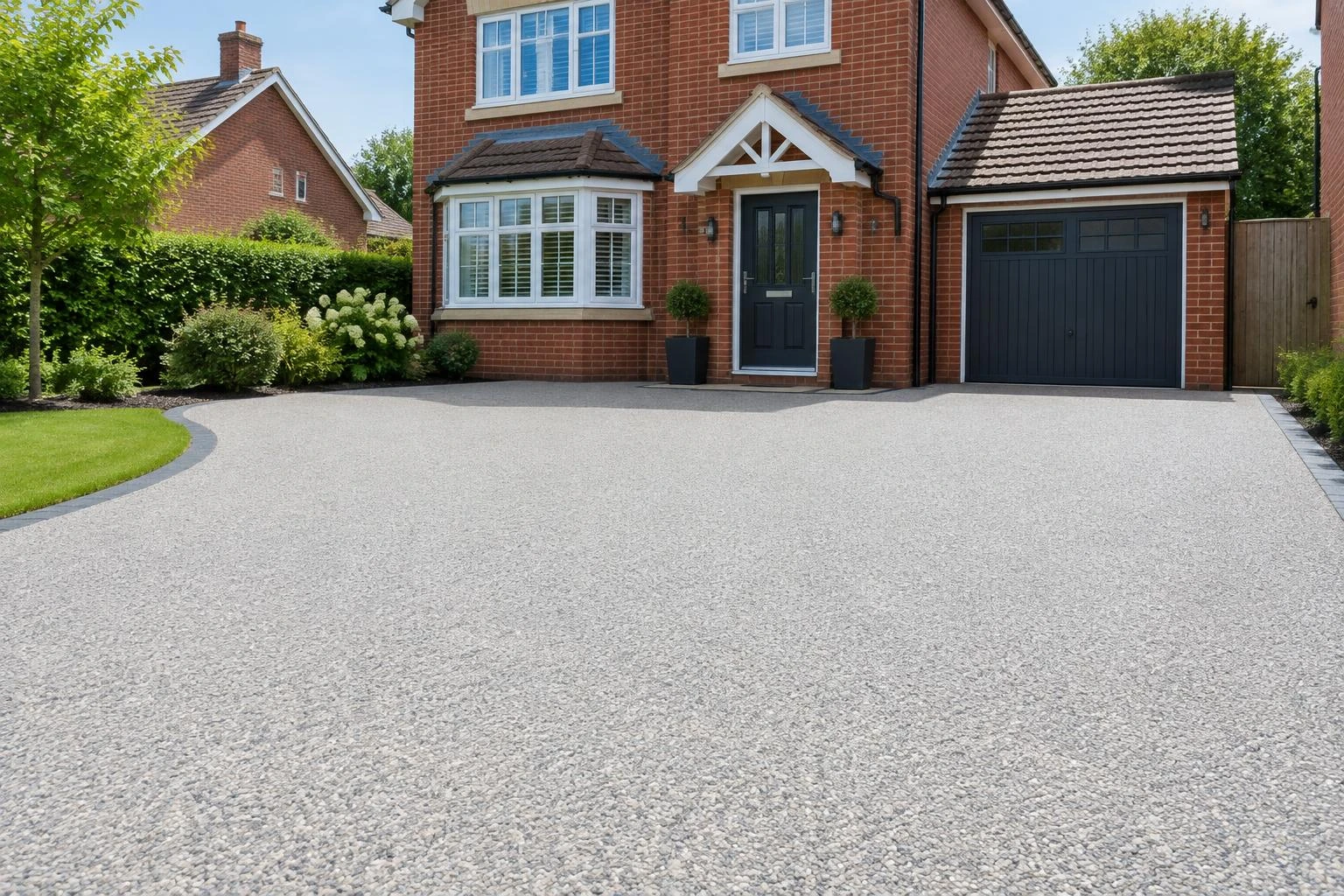 Smooth grey resin-bound aggregate driveway in front of a UK brick house