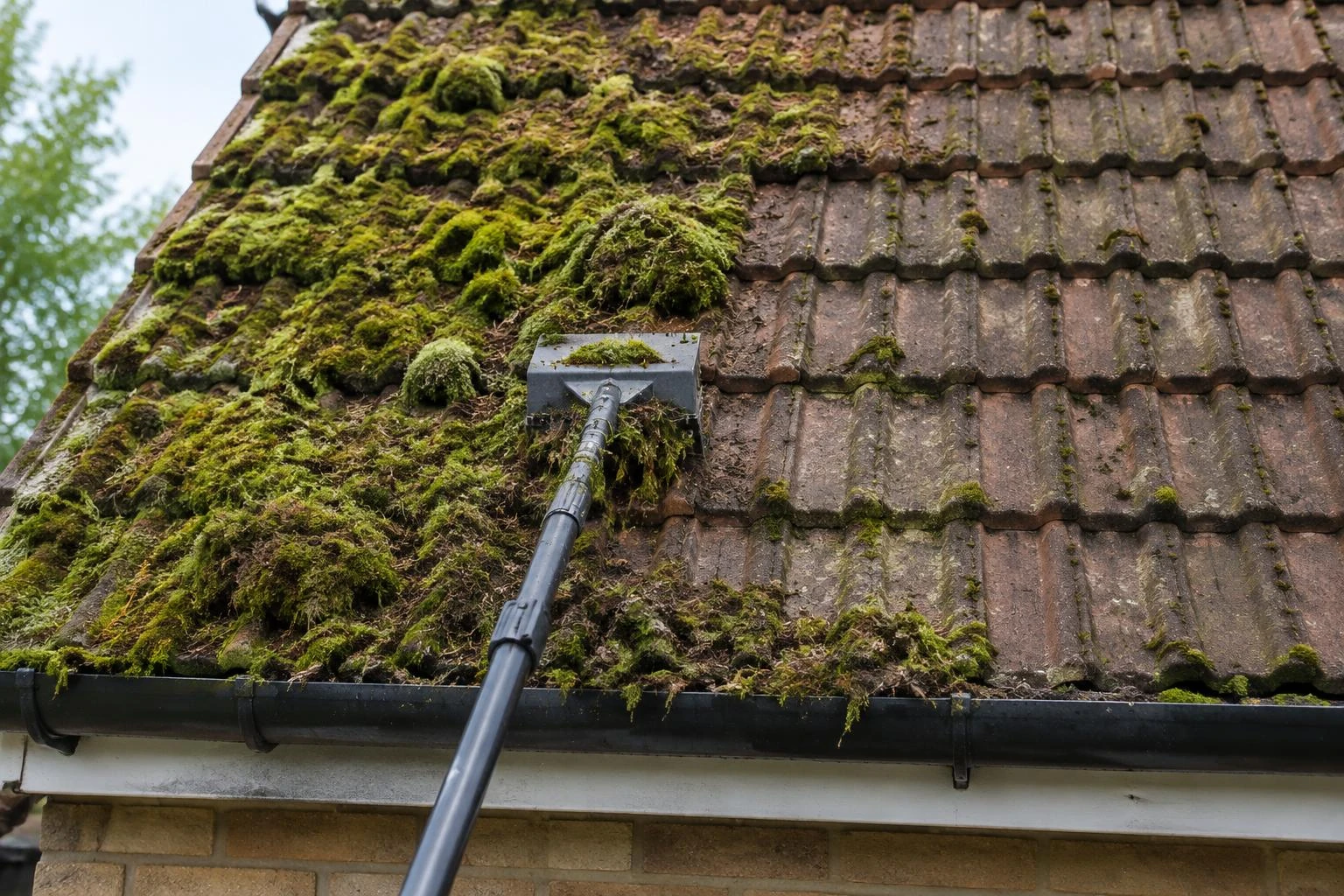Telescopic roof scraper lifting moss from brown roof tiles at the eaves