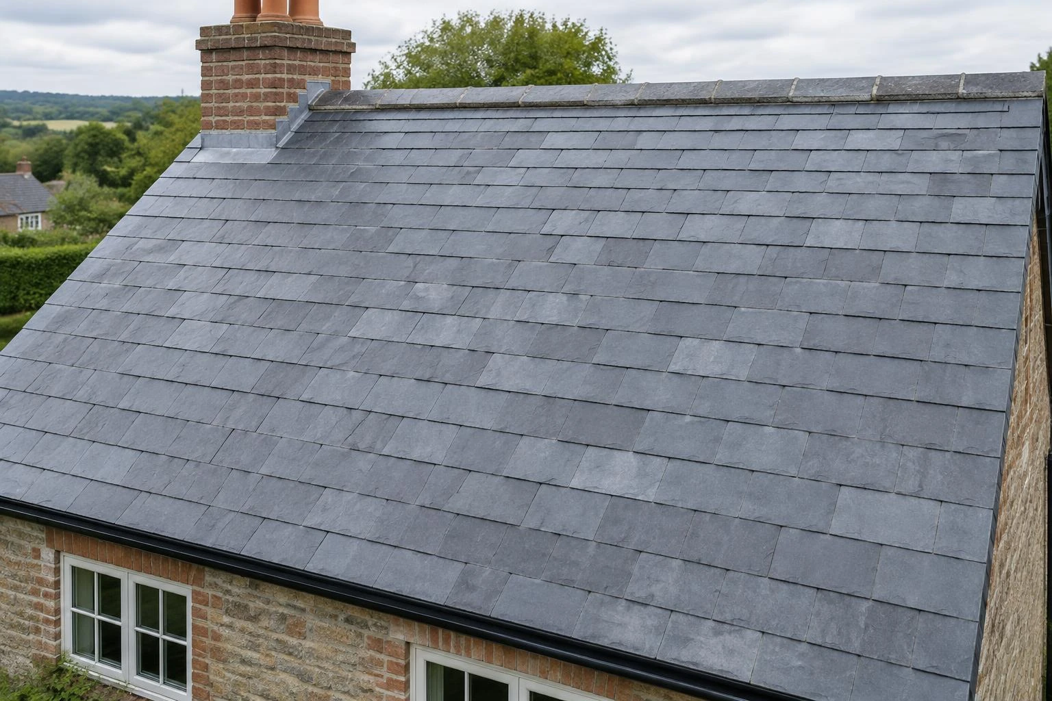 Natural blue-grey slate tiles on a pitched British house roof