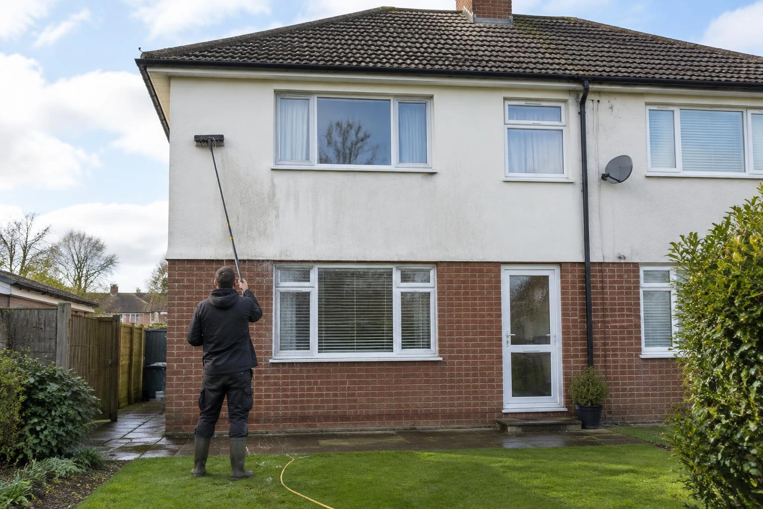 A soft brush pole cleaning the rendered walls of a British house