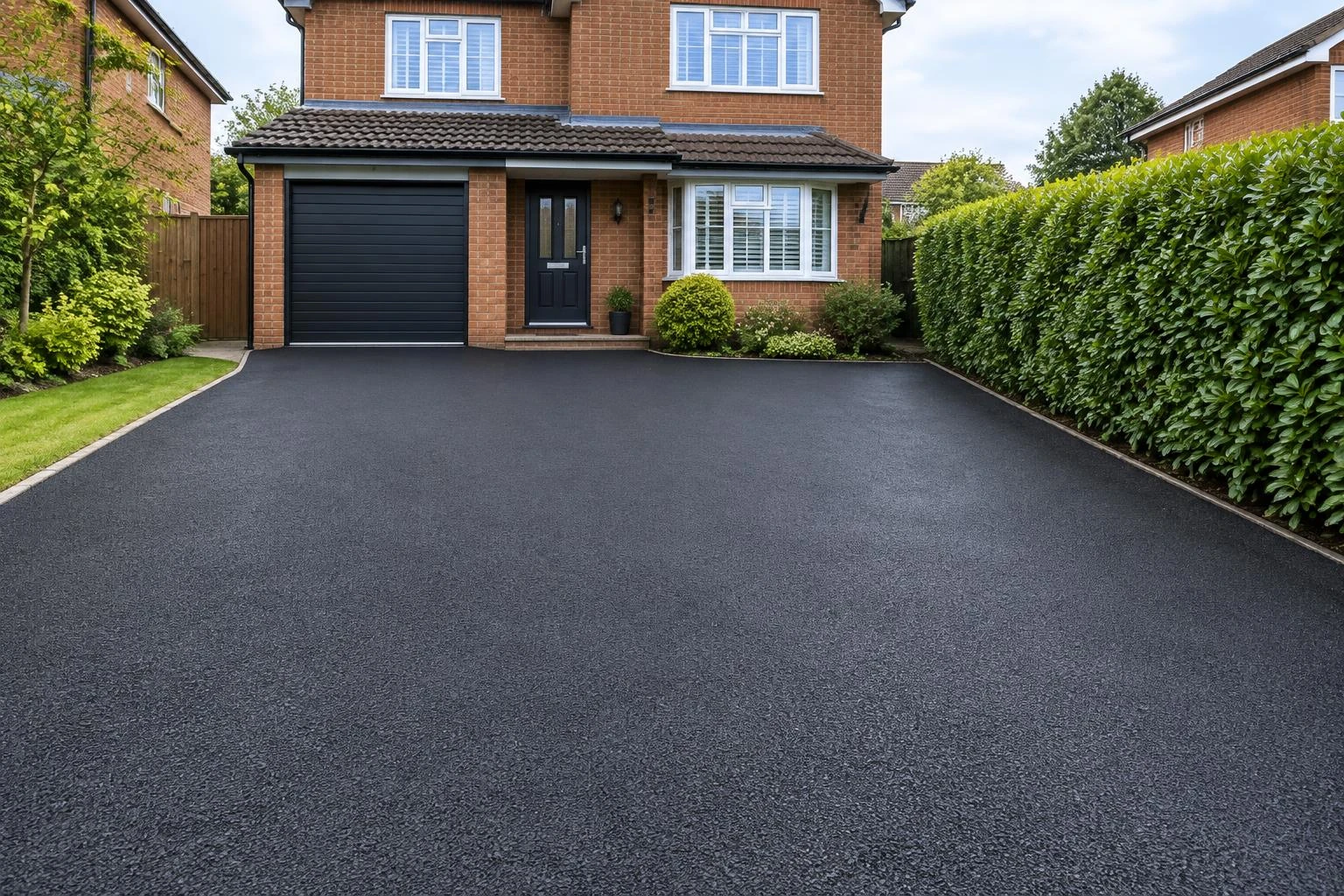 Continuous black asphalt driveway in front of a UK detached house