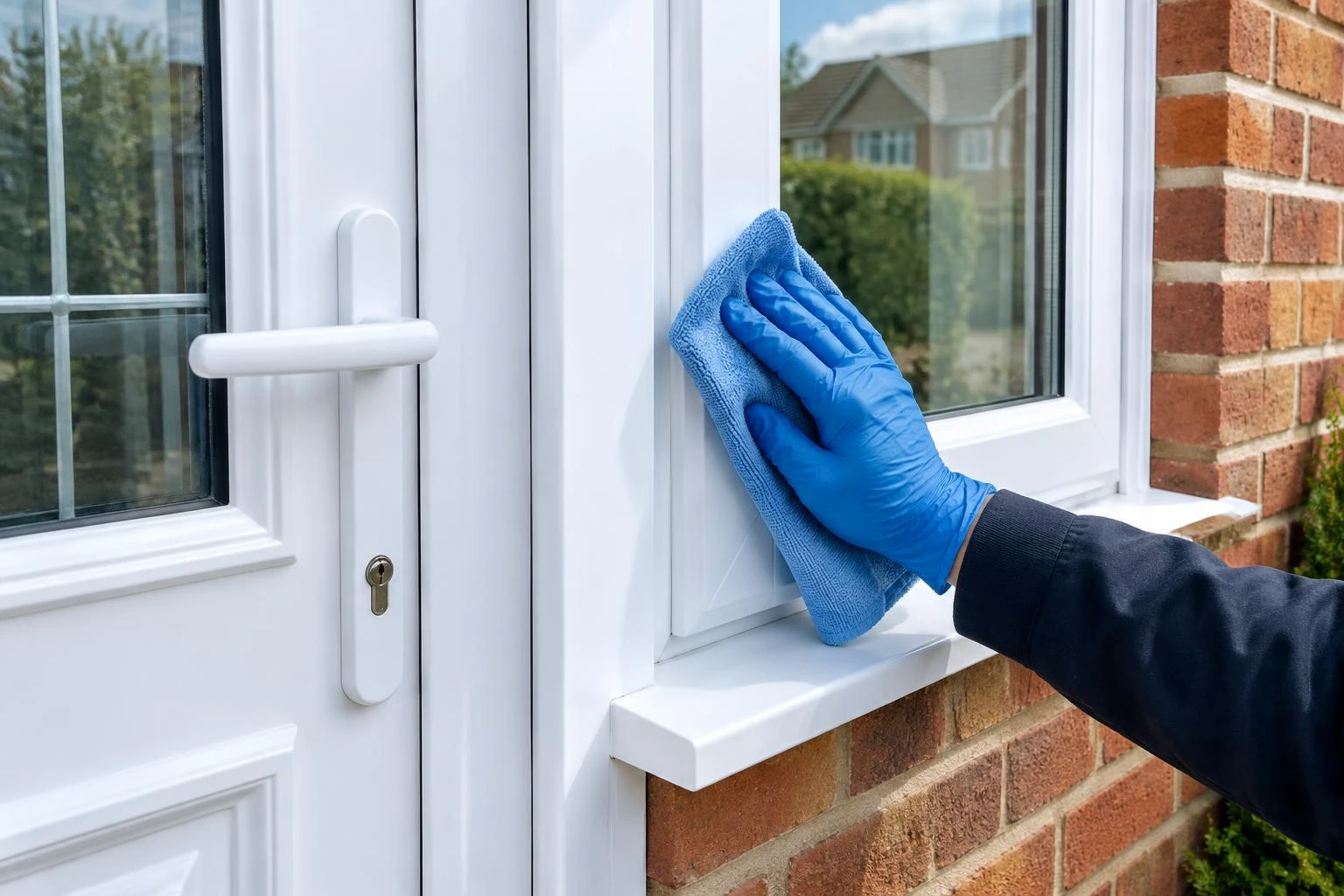 A gloved hand wiping white uPVC door and window frames with a cloth