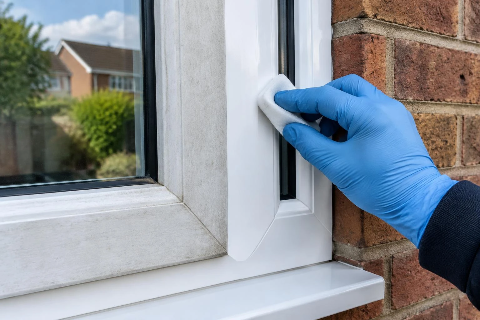 An applicator pad restoring a weathered white uPVC window frame